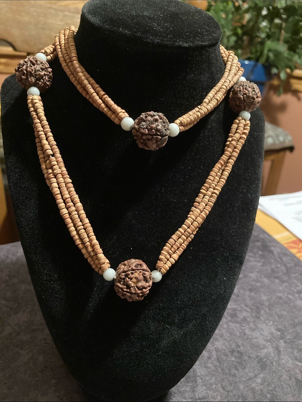 Brown Seed & Rudraksha Layered Necklace with White Accent Beads